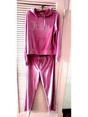 JUICY COUTURE Size XL Velour OG Bling Tracksuit Hoodie & Pant Set Pink Ribbed